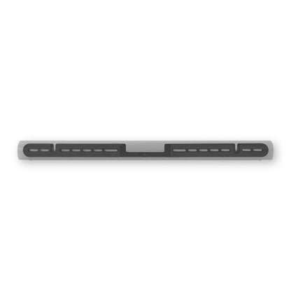 Sonos soundbar, sort og grå, slank rektangulær med flere frontgitrer og centralt panel, vægbeslag kompatibel.