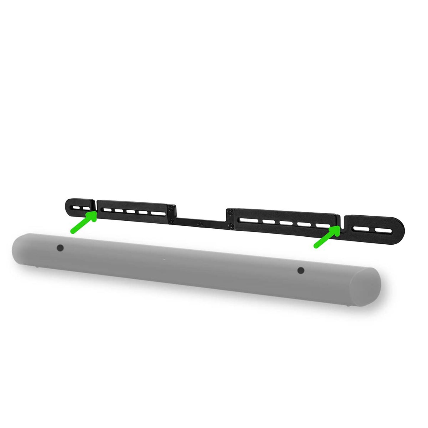 Soundbar-beslag til Sonos i sort metal med grønne pæle ved monteringspunkter, over lang grå cylindrisk soundbar.