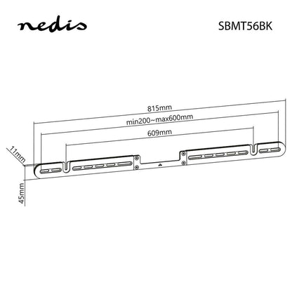Nedis Soundbar-beslag til Sonos, vægbeslag 815x45x11 mm, justerbare hulafstande 200-600 mm, stregtegning.