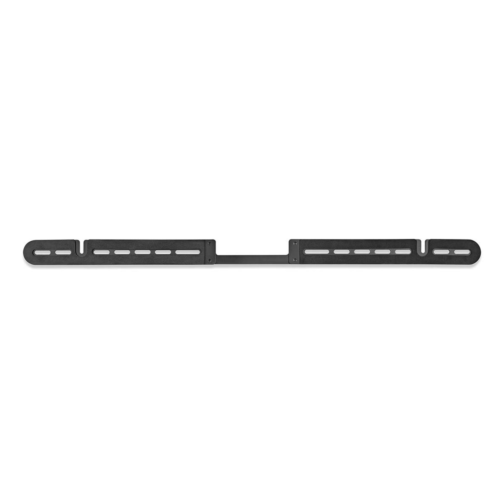 Sonos soundbar beslag, sort metal, lang smal med aflange slidser og afrundede ender til justerbar montering.