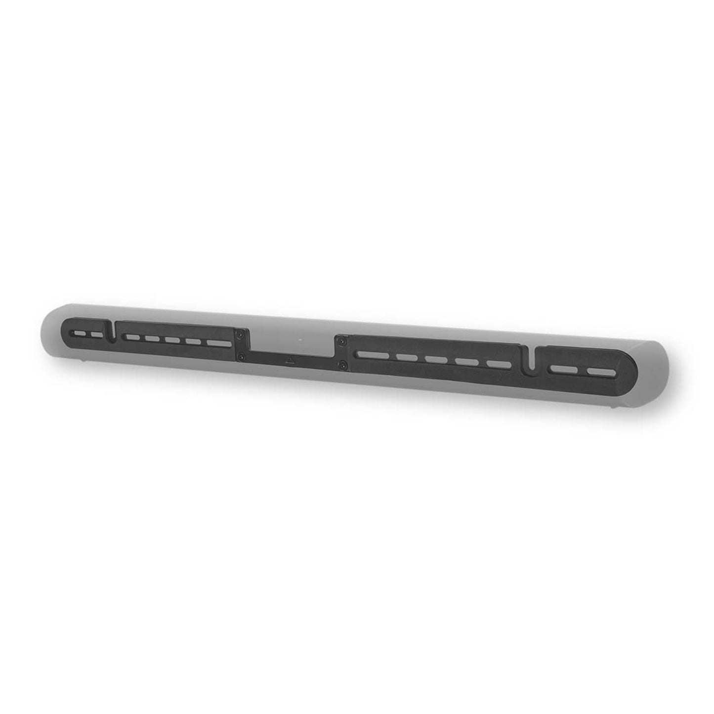 Grå soundbar bund med sort Nedis Soundbar-beslag til Sonos, justerbare slidsede skinner, vist fra vinkel.