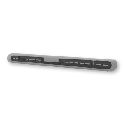 Grå soundbar bund med sort Nedis Soundbar-beslag til Sonos, justerbare slidsede skinner, vist fra vinkel.