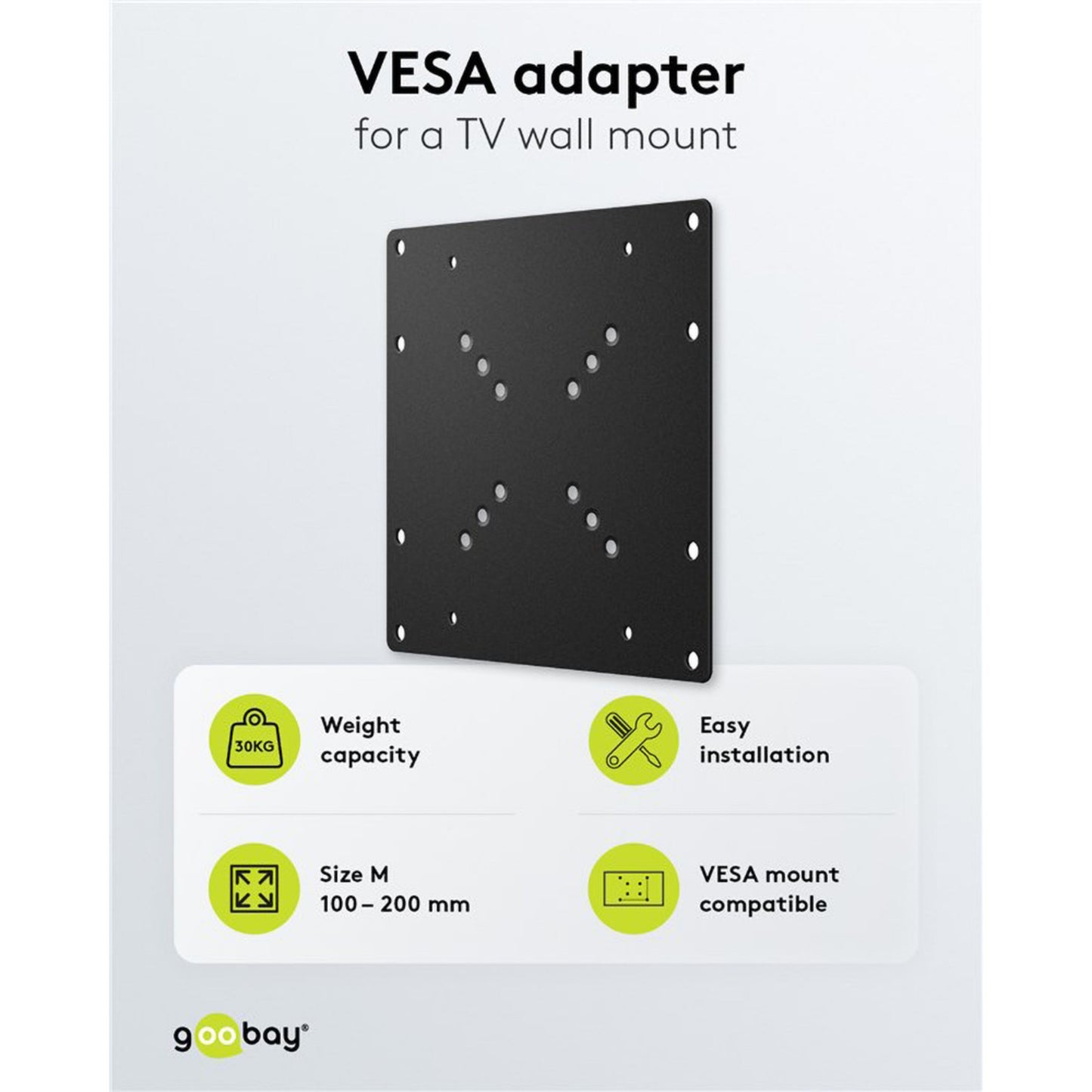 Goobay sort TV-vægmonteringsadapter VESA-konverter, kapacitet 50 kg, nem installation, VESA 100-200 mm.