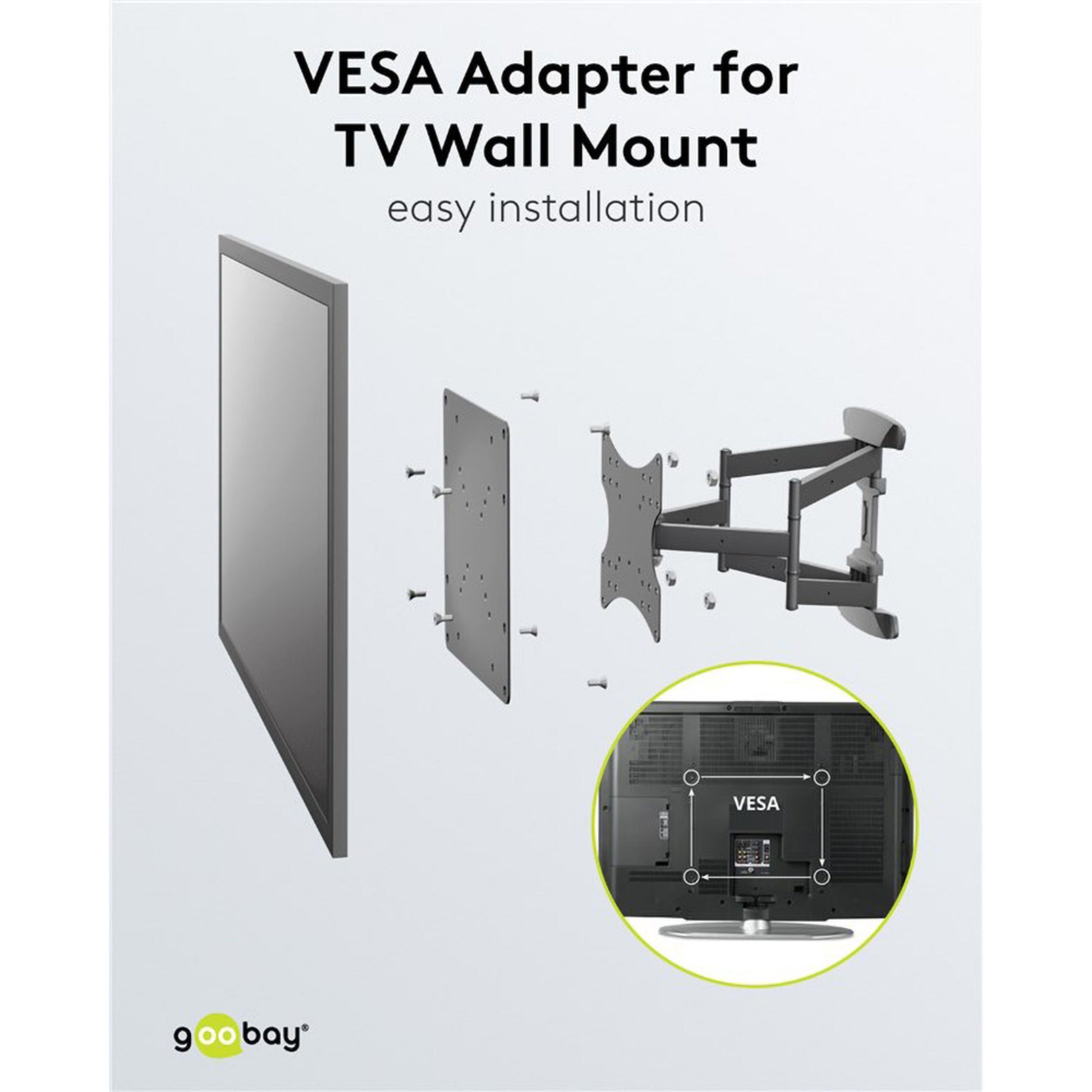 Goobay TV-vægmonteringsadapter VESA-konverter plader og vægbeslag vist med adapter påmonteret tv, tekst: Nem installation.