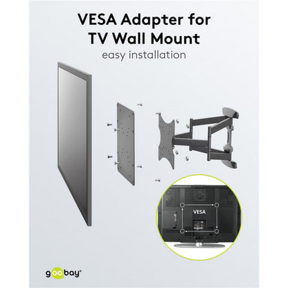 Goobay TV-vægmonteringsadapter VESA-konverter plader og vægbeslag vist med adapter påmonteret tv, tekst: Nem installation.