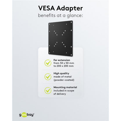 Goobay TV-vægmonteringsadapter VESA-konverter 50x50-200x200 mm pulverlakeret metal med Goobay-logo nederst.