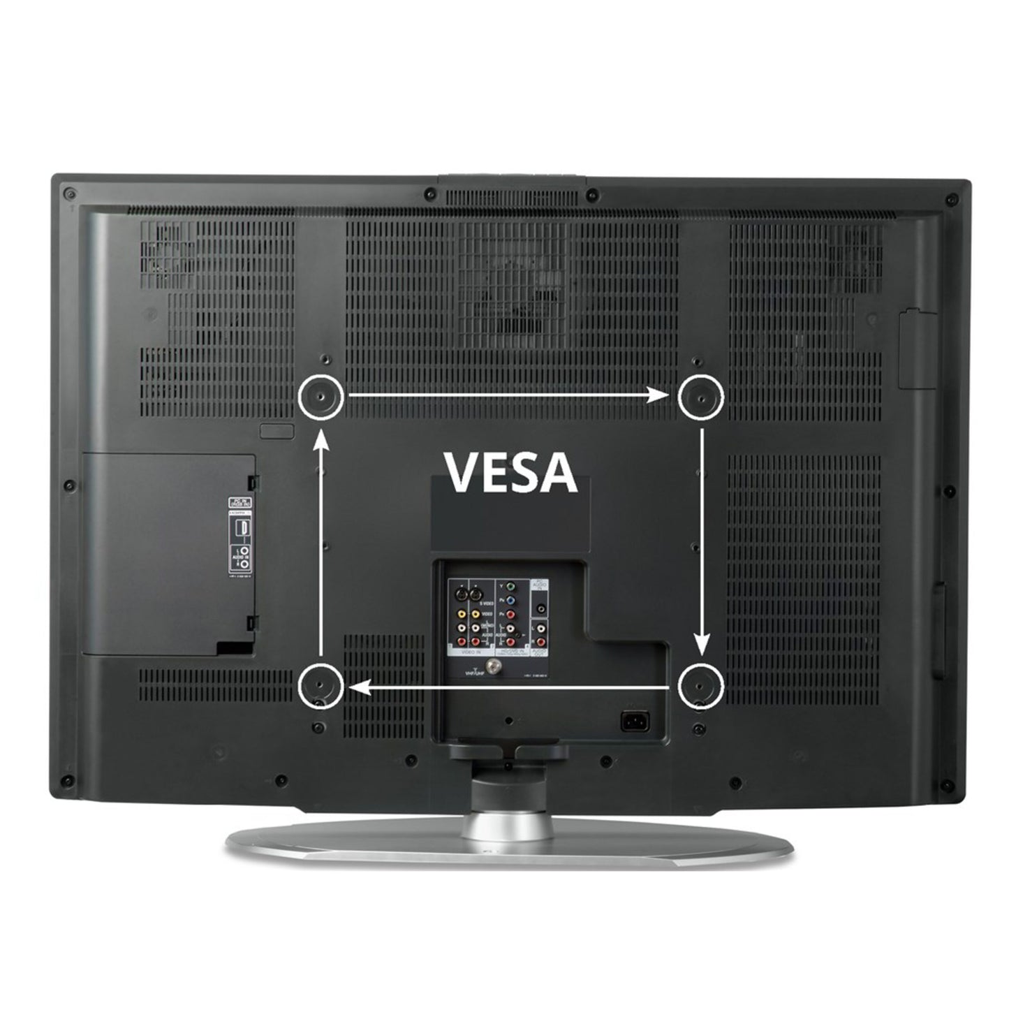 Bagpå fladskærms-TV på sølvfod ses VESA-monteringshuller og porte til VESA-konverter tv-vægmonteringsadapter.