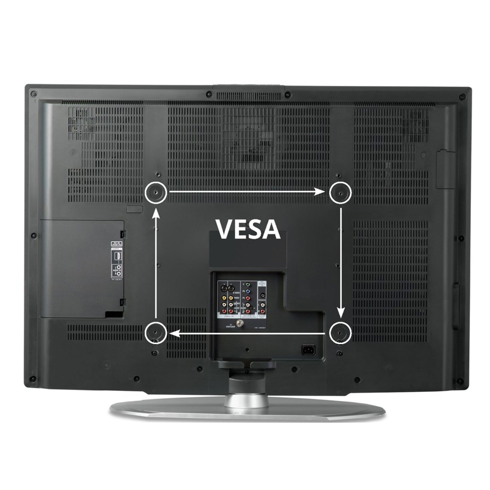 Bagpå fladskærms-TV på sølvfod ses VESA-monteringshuller og porte til VESA-konverter tv-vægmonteringsadapter.