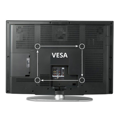 Bagpå fladskærms-TV på sølvfod ses VESA-monteringshuller og porte til VESA-konverter tv-vægmonteringsadapter.