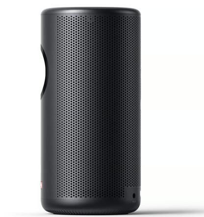 Nebula Capsule 3 Laser – en cylinderformet bærbar højttaler med perforeret frontgitter ved siden af en bærbar Full HD-miniprojektor.