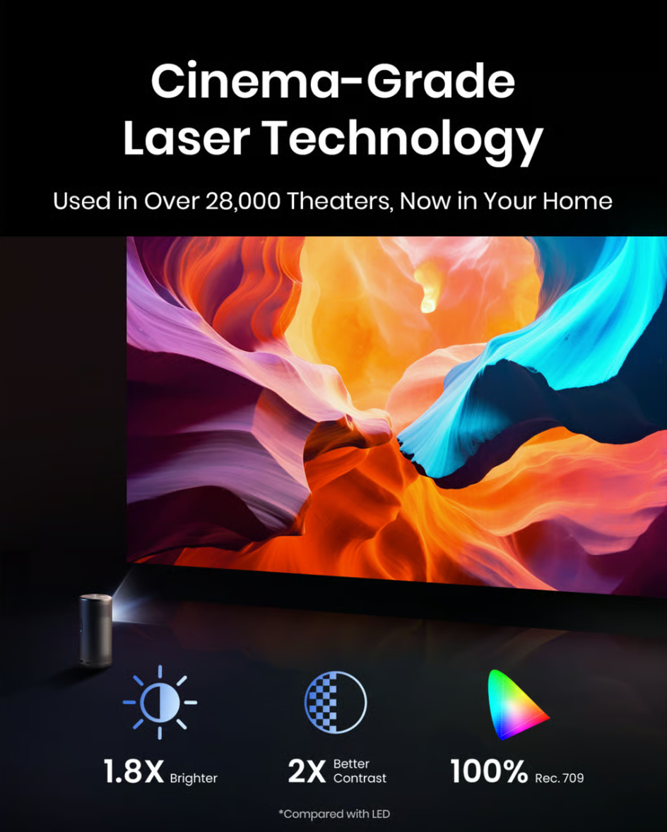 Nebula Capsule 3 Laser – bærbar Full HD-miniprojektor med Google TV og Netflix, viser abstrakt kunst på skærmen, ikoner med lyseffekter.