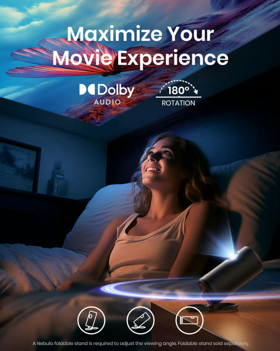 Nebula Capsule 3 Laser – bærbar Full HD-miniprojektor, Dolby Audio, 180° rotation, projicerer film op på loftet.