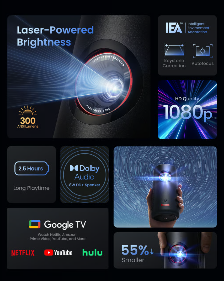 Nebula Capsule 3 Laser – bærbar laserprojektor, 300 ANSI-lumen, Full HD 1080p, Dolby Audio, Google TV, batteritid på 2,5 timer.