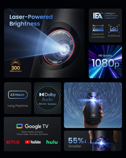 Nebula Capsule 3 Laser – bærbar laserprojektor, 300 ANSI-lumen, Full HD 1080p, Dolby Audio, Google TV, batteritid på 2,5 timer.