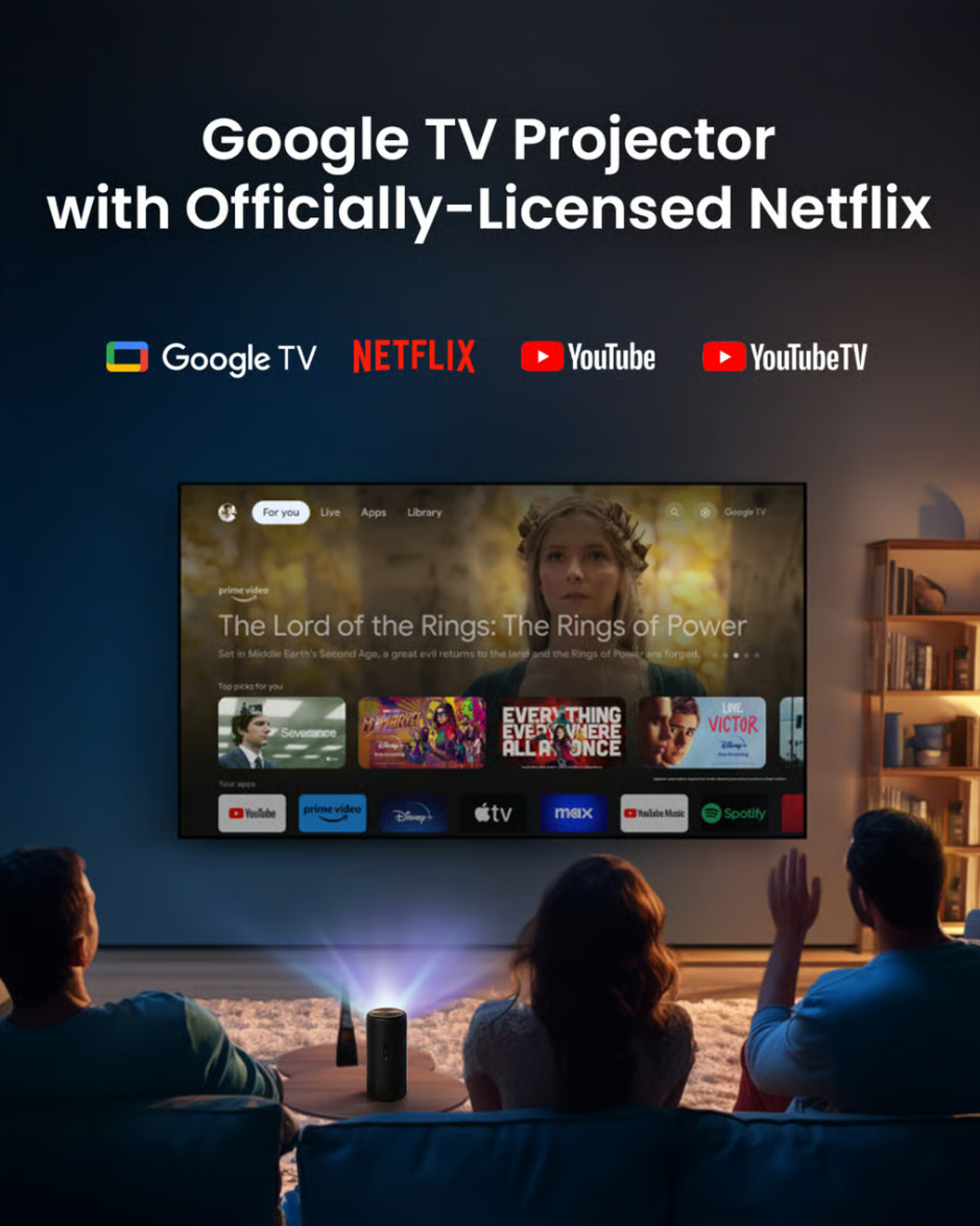 Nebula Capsule 3 Laser bærbar miniprojektor, Full HD, Google TV, Netflix-logoet kan ses på den projicerede skærm.