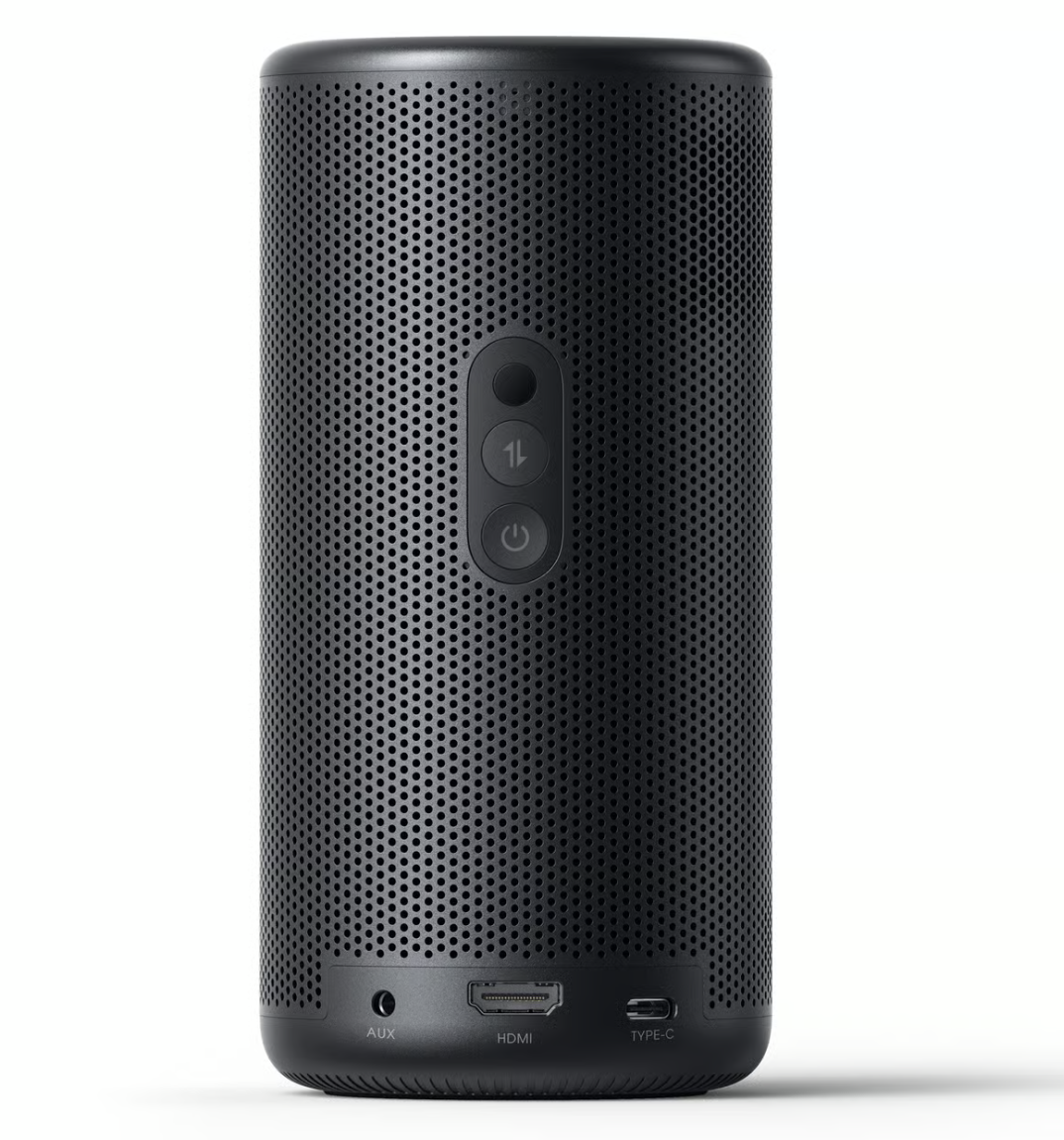 Nebula Capsule 3 Laser-miniprojektor, sort cylinder, perforeret overflade, tre knapper på bagsiden, AUX/HDMI/Type-C-porte.