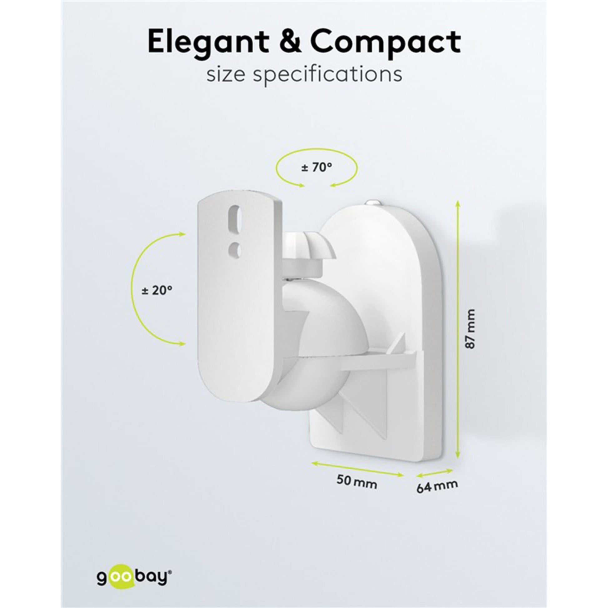 Goobay 2-pak højttalerbeslag hvid, vægbeslag med drejefunktion ±20°, ±70°, kompakt 87x64x50 mm, Goobay-logo nederst.