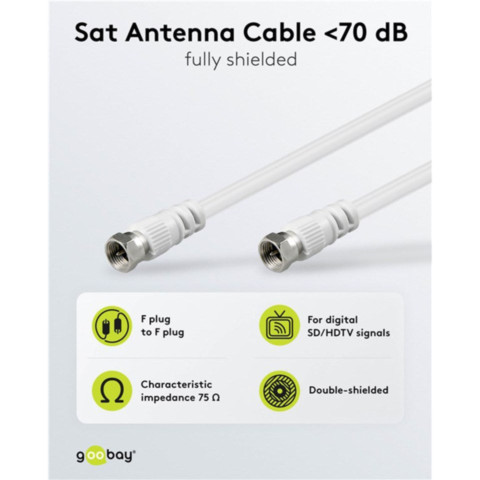 F-kabel klasse A 20m hvid med metalstik, dobbelt skærmning, 75-ohm impedans, F-kabel til F-kabel.