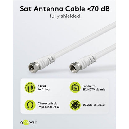 F-kabel klasse A 20m hvid med metalstik, dobbelt skærmning, 75-ohm impedans, F-kabel til F-kabel.