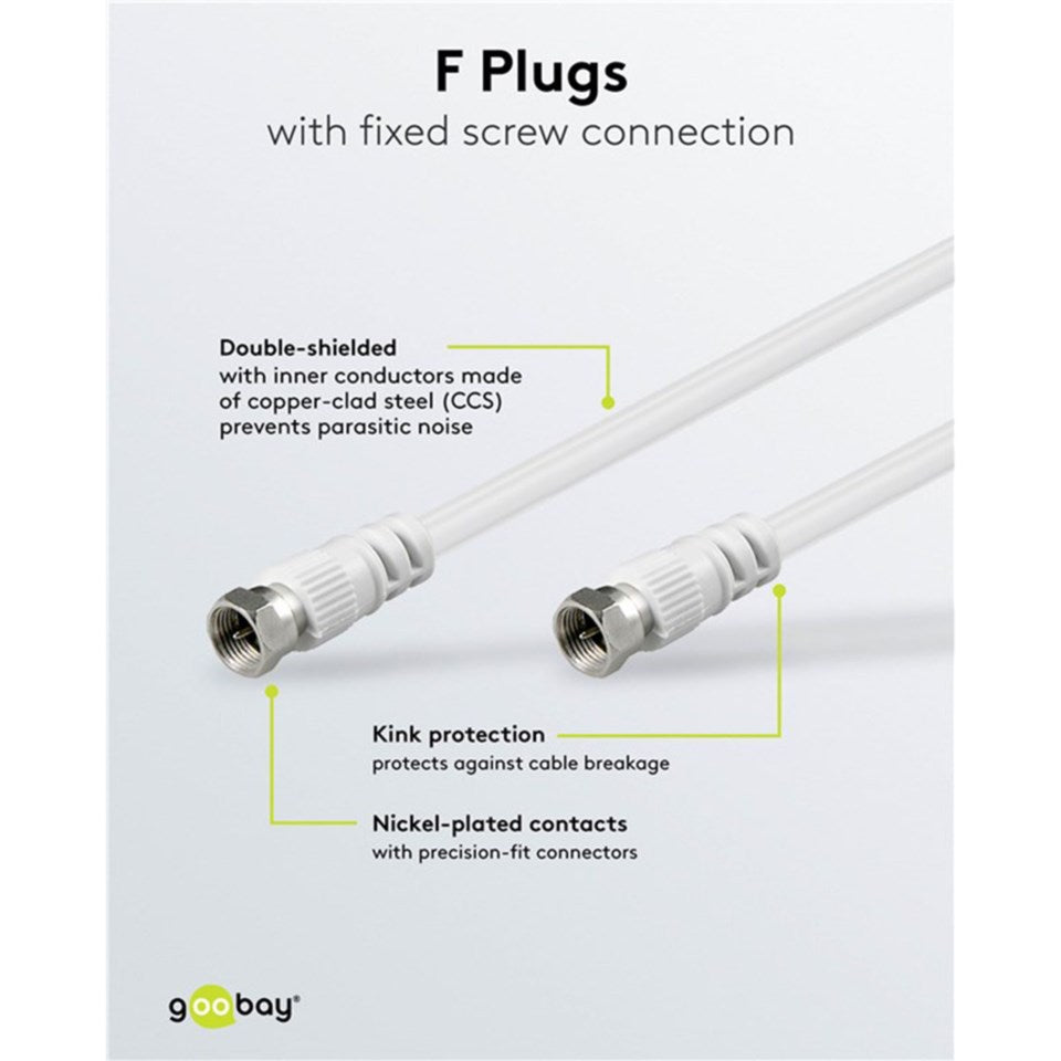 Goobay F-kabel klasse A 20m, hvid, metalstik, dobbelt afskærmet, knækbeskyttelse, nikkelbelagte kontakter, Goobay-logo.