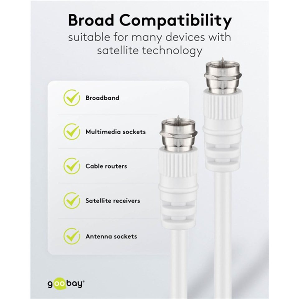 Goobay F-kabel hvid 1,5 m metal F-han til F-han stik Goobay logo nederst.