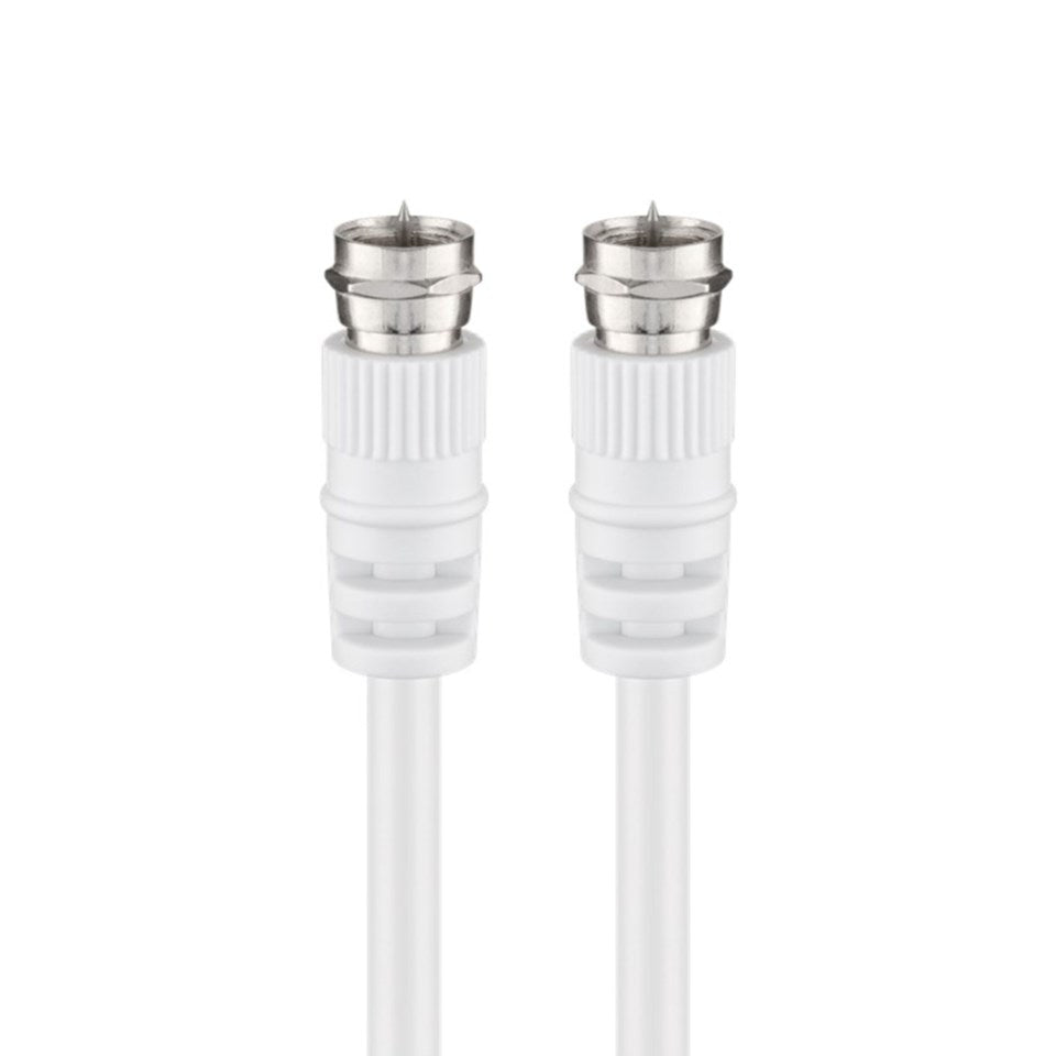 F-kabel klasse A, 20 m, hvid koaksial med dobbeltskærm, til F-hanstik med sølvmetalspidser og hvide gevindfittings.