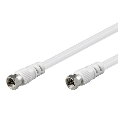 F-kabel hvid 2,5 m dobbelt skærm, metal F-type han/han stik i begge ender, til TV og internet.