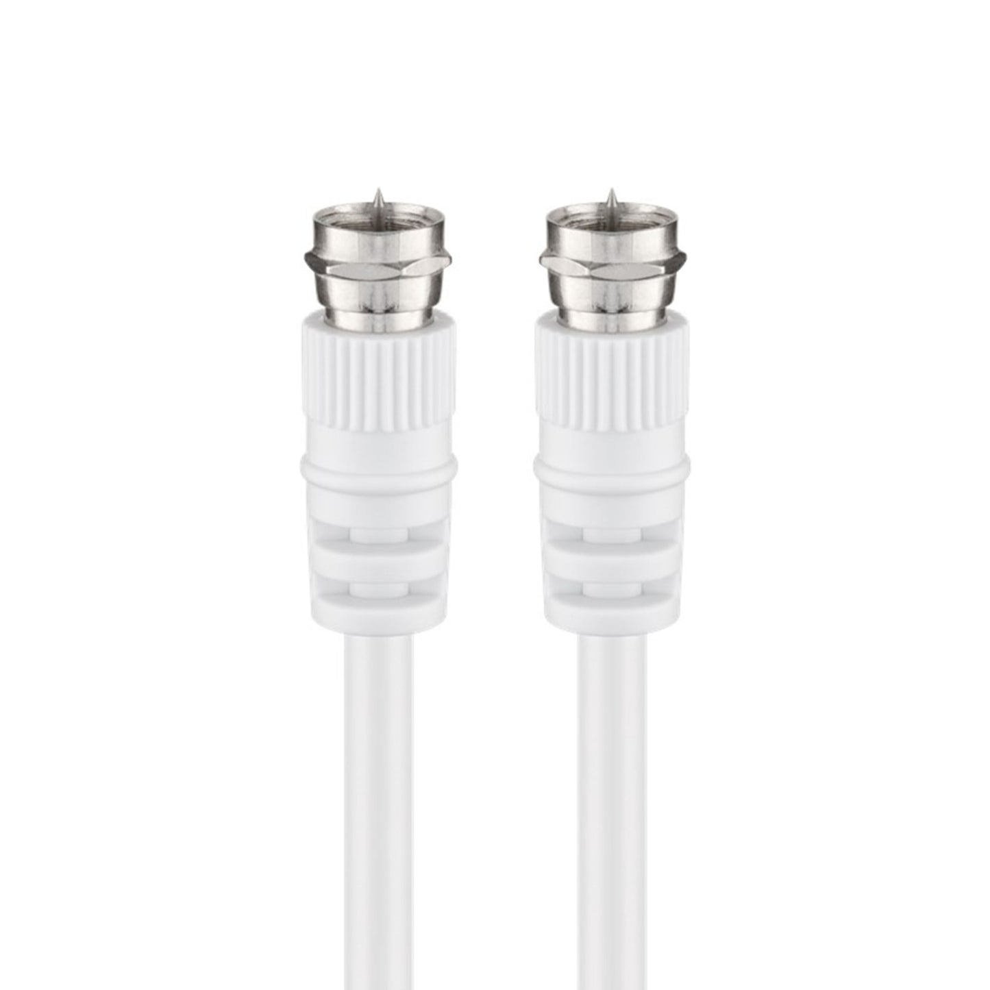 Goobay F-kabel 2,5 m hvid, han til han, metalstik, dobbelt skærmning, to kabler vist ved siden af hinanden.
