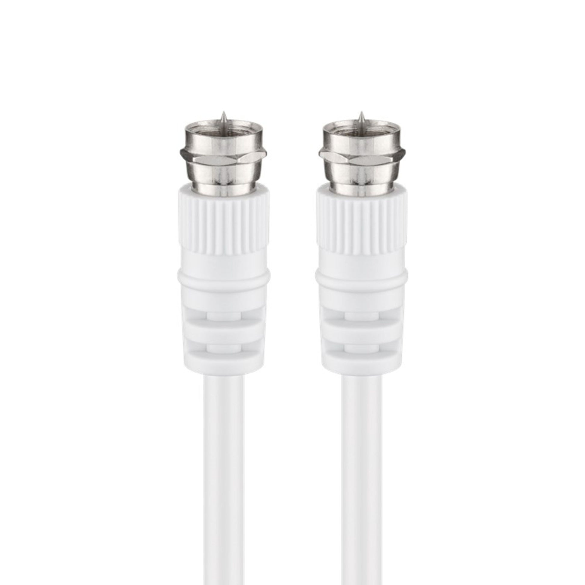 Goobay F-kabel 2,5 m hvid, han til han, metalstik, dobbelt skærmning, to kabler vist ved siden af hinanden.