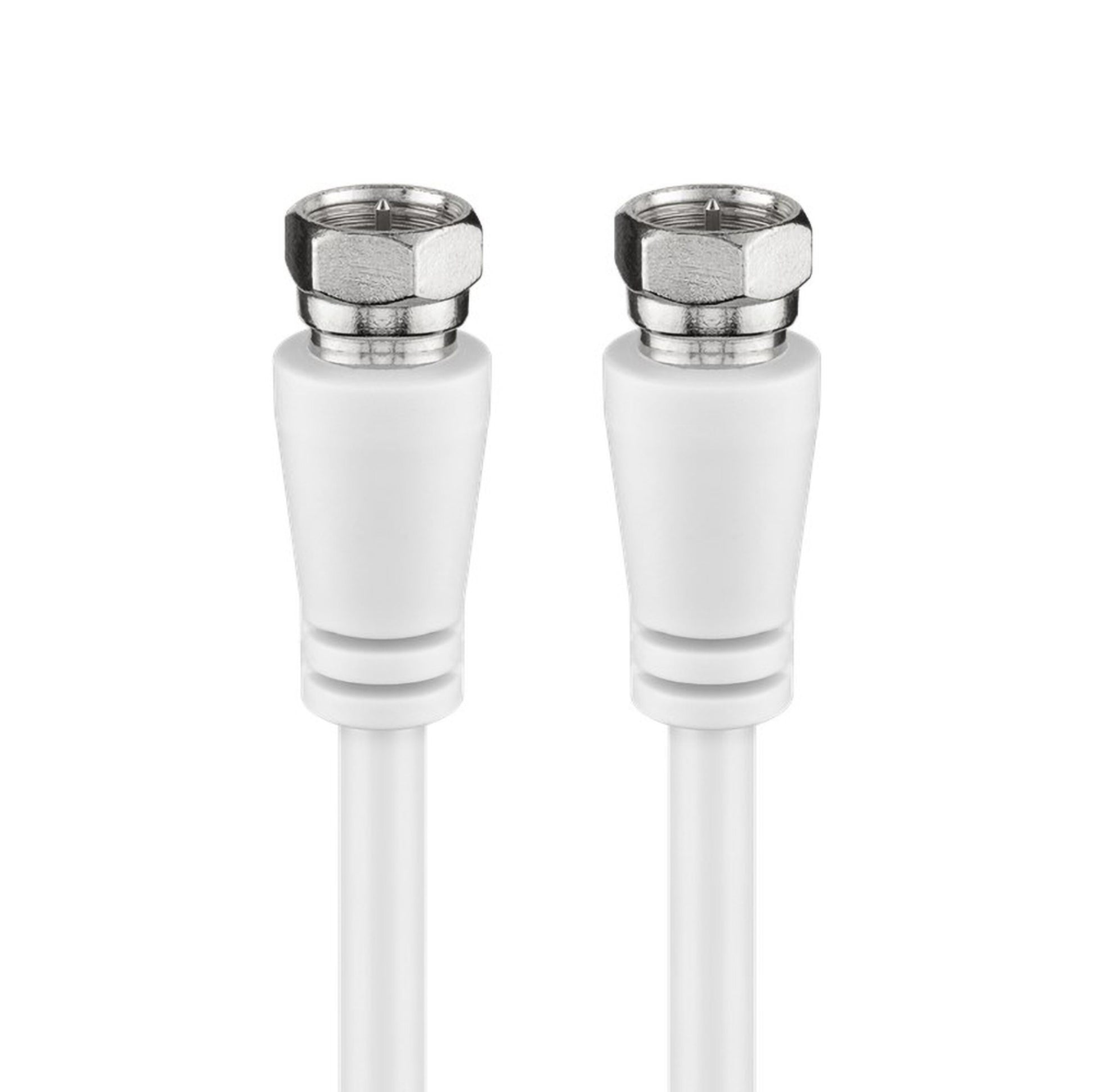 At hvide F-kabel klasse A 10m med tredobbelt skærmning og metal F-type stik, til stk. placeret lodret side om side.
