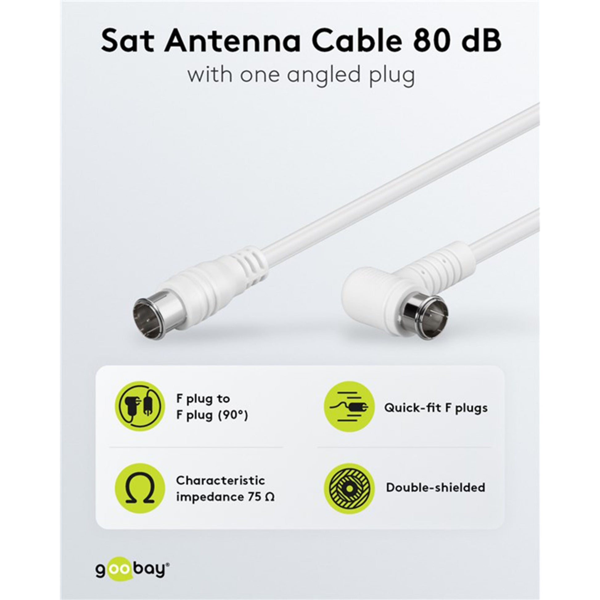 F-kabel hvid vinklet 2,5 m til antenne, quick-fit F-stik, 75 Ω impedans, dobbelt afskærmning, 90° vinkelstik.