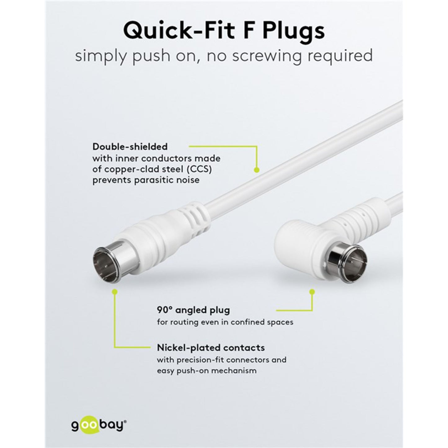 F-kabel hvid 5 m med dobbelt skærm, 90° vinklet stik, nikkelbelagte kontakter og push-on mekanisme.