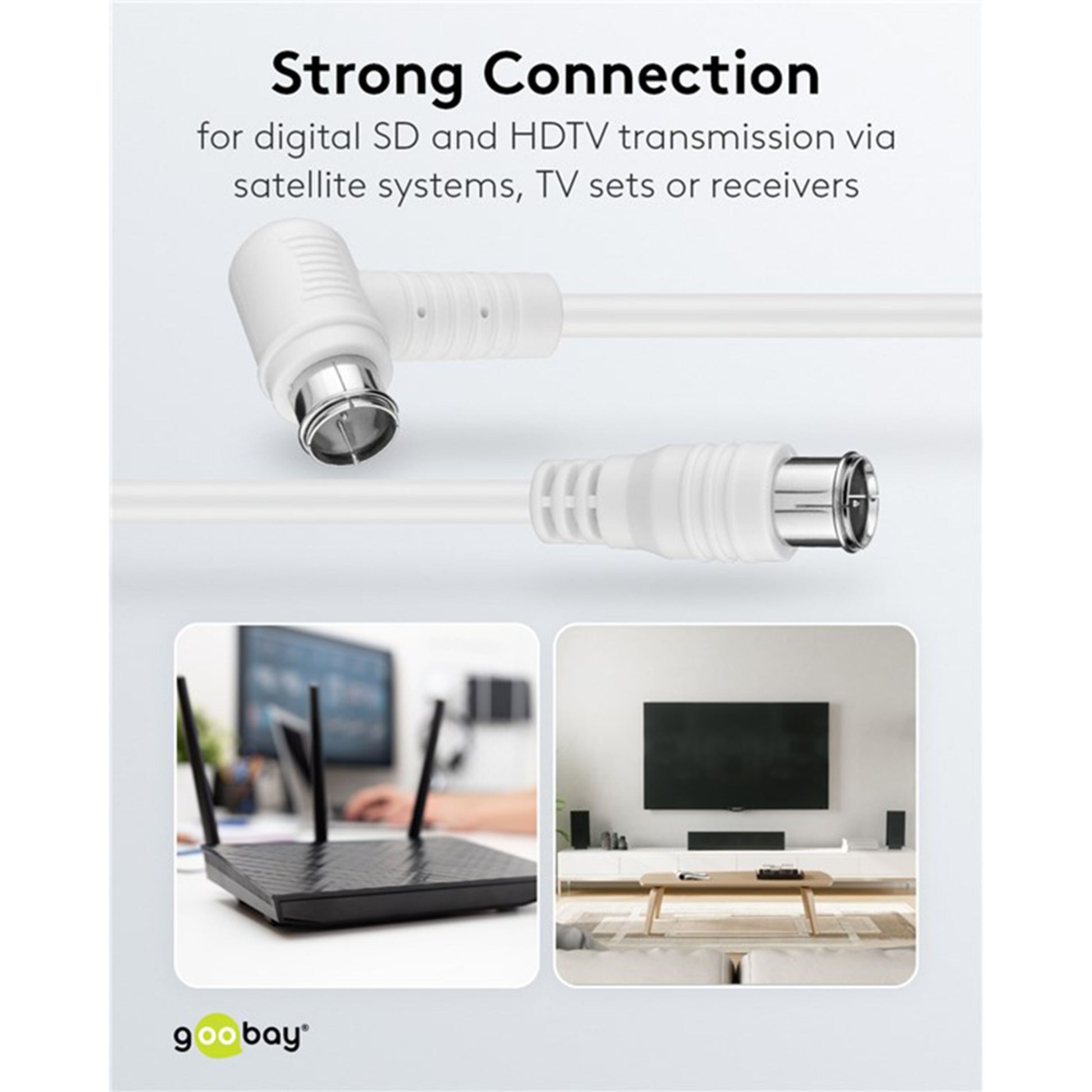F-kabel hvid vinklet 5 m med metalstik og dobbelt afskærmning til SD/HDTV, ses ved router og væghængt tv.
