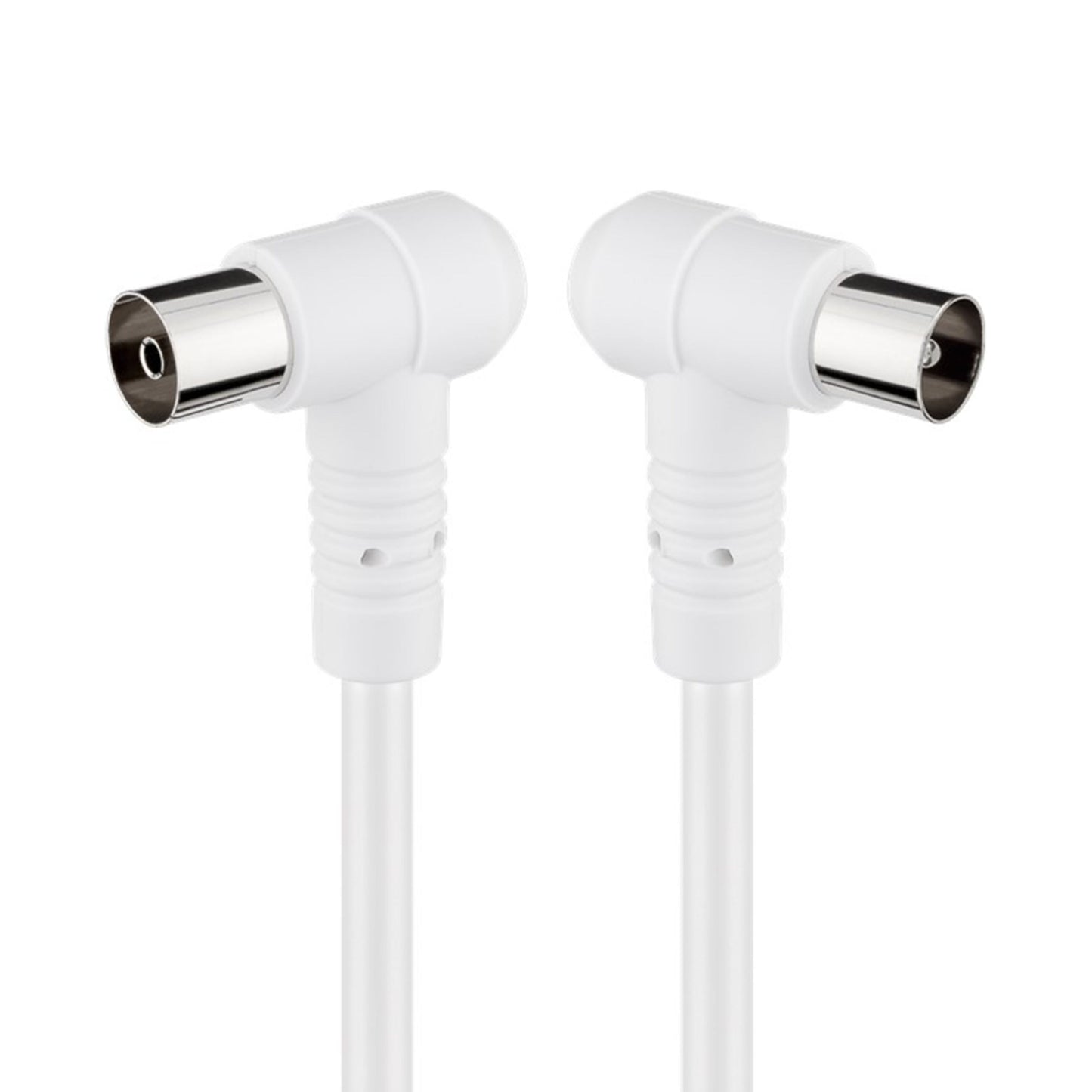 Goobay antennekabel 5 m hvid vinklet med metalstik placeret mod hinanden til TV og radio.