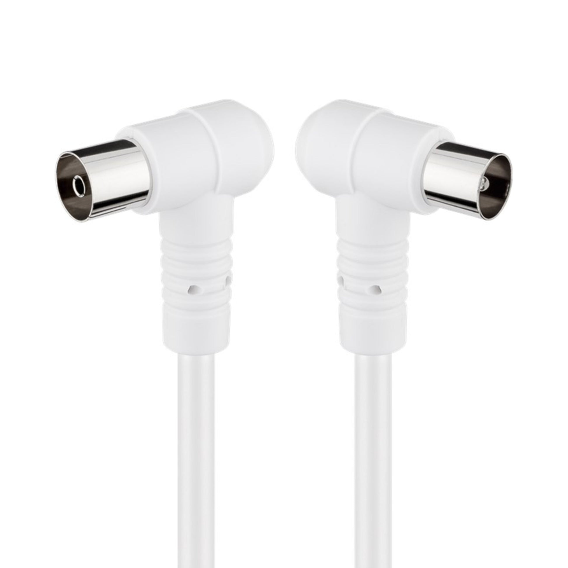 Goobay antennekabel 5 m hvid vinklet med metalstik placeret mod hinanden til TV og radio.