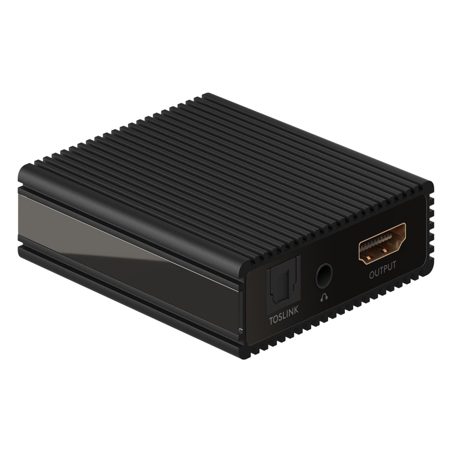 Goobay HDMI-Extractor sort med rilletop, Toslink, 2x RCA, lydstik og HDMI OUTPUT-port på én side.