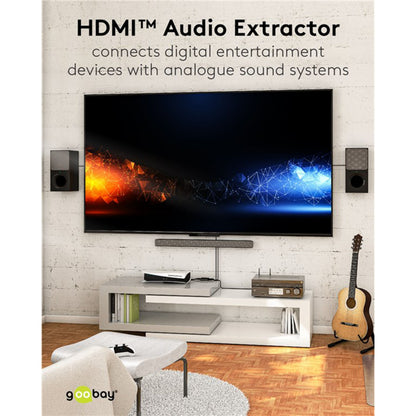 HDMI-Extractor Goobay æske synlig, tekst: HDMI-Extractor forbinder digitale enheder med analoge lydsystemer.
