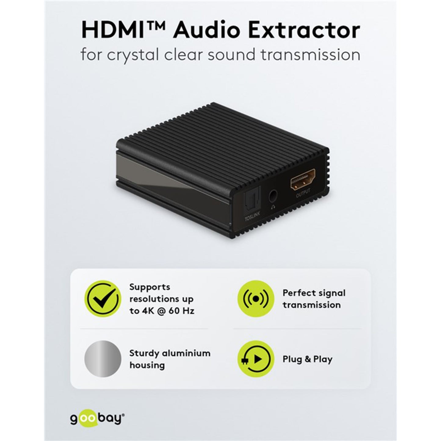 HDMI Extractor sort aluminium med HDMI-udgang, Toslink, 2x RCA, understøtter 4K60Hz.