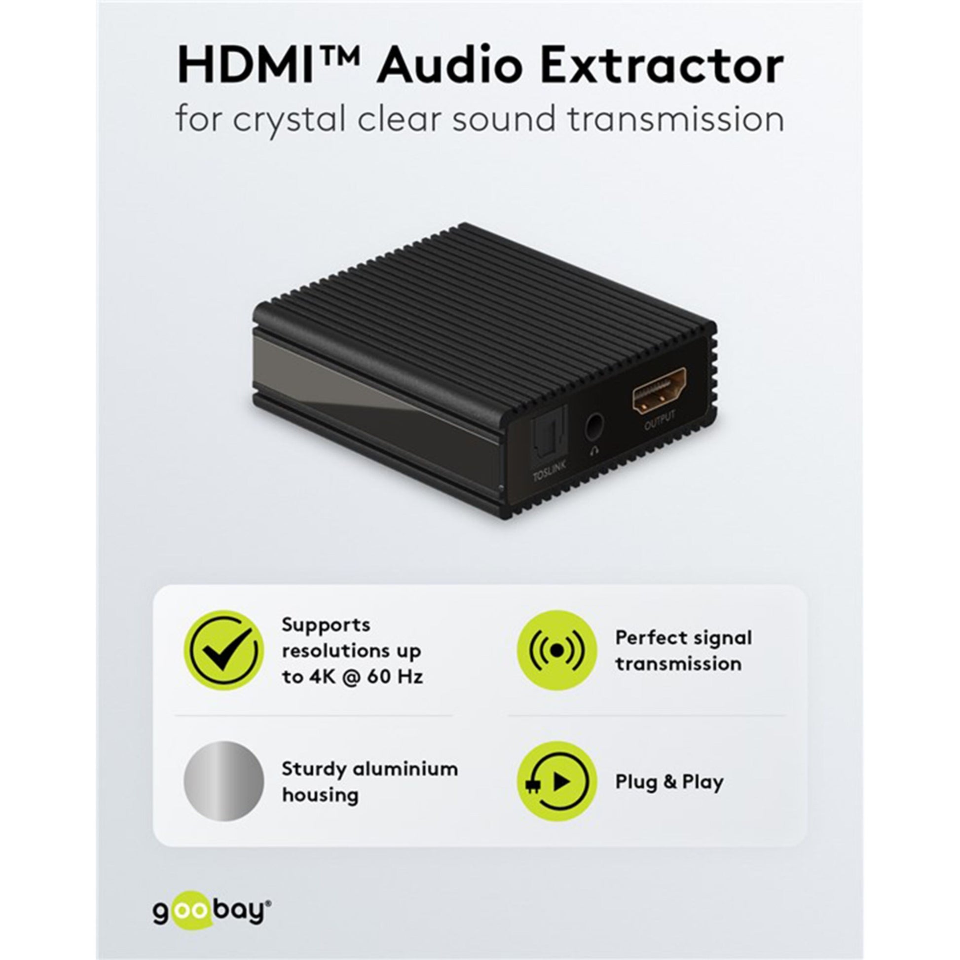 HDMI Extractor sort aluminium med HDMI-udgang, Toslink, 2x RCA, understøtter 4K60Hz.