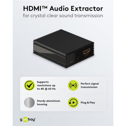 HDMI Extractor sort aluminium med HDMI-udgang, Toslink, 2x RCA, understøtter 4K60Hz.