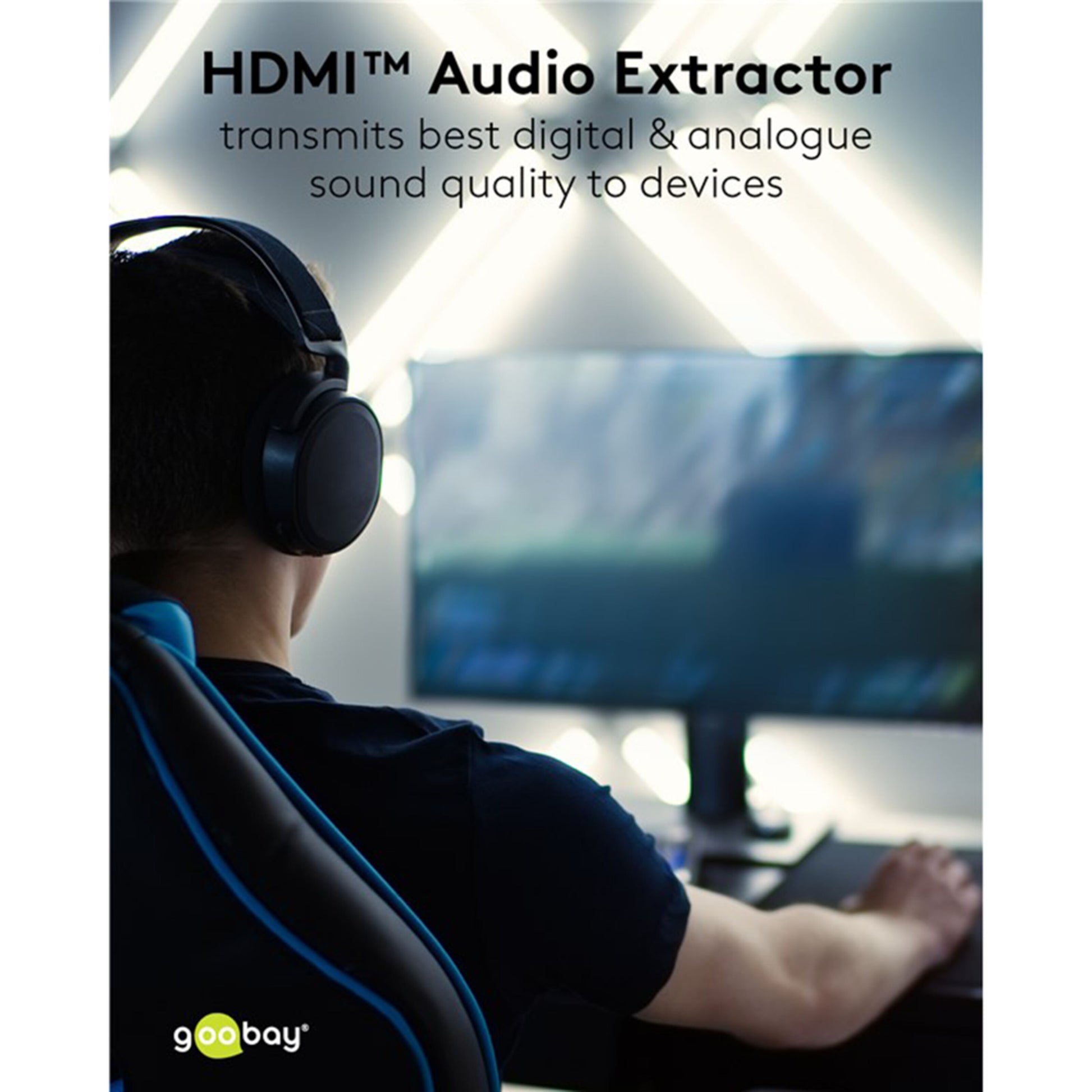 Goobay HDMI-Extractor med digital/analog lyd via Toslink og 2x RCA, produktnavn og Goobay-logo synligt.