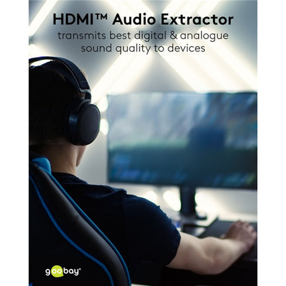 Goobay HDMI-Extractor med digital/analog lyd via Toslink og 2x RCA, produktnavn og Goobay-logo synligt.