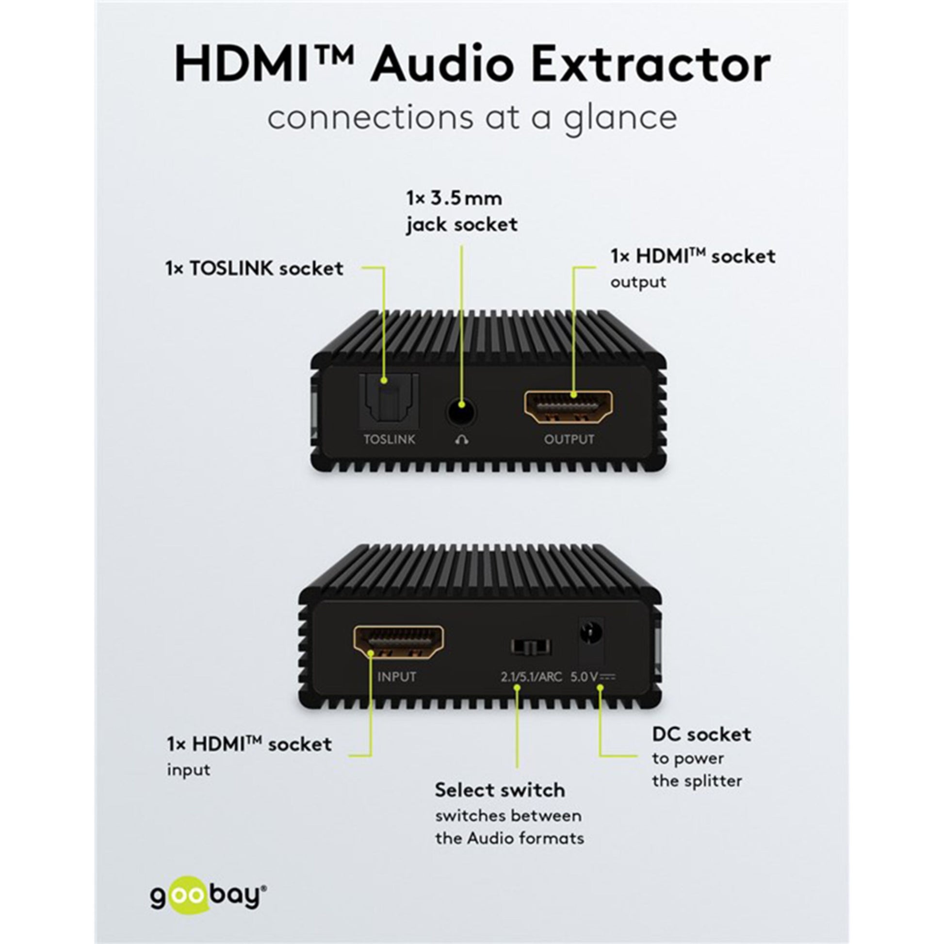 HDMI-ekstraktor med Toslink ud, 3,5mm jack, 2x RCA, HDMI ind/ud, formatvælger og DC strømstik. Portnavne vises.