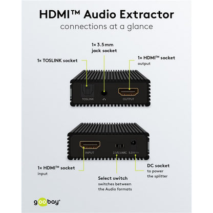 HDMI-ekstraktor med Toslink ud, 3,5mm jack, 2x RCA, HDMI ind/ud, formatvælger og DC strømstik. Portnavne vises.