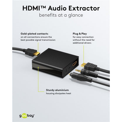 Goobay HDMI Extractor sort med tilsluttede HDMI- og lydkabler, guldbelagte kontakter, aluminiumskabinet, Toslink/2x RCA-understøttelse.