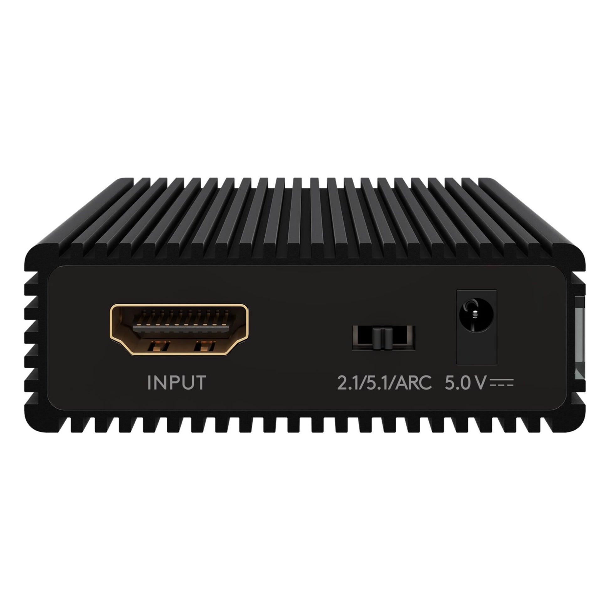 Goobay HDMI-Extractor sort, ribbet bagside med HDMI-indgang, 2x RCA, Toslink digital lydport og 5V strømindgang.