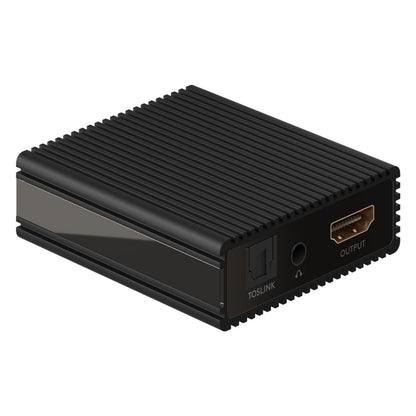 Goobay HDMI-Extractor sort, rektangulær med rillede sider, Toslink, 2x RCA, jack og HDMI udgange samlet på én ende.