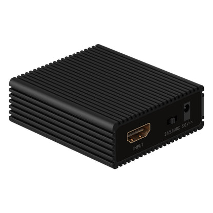 HDMI audio extractor sort, rektangulær med riflet side, HDMI in, USB-C (5.0V), Toslink og lille rund port.