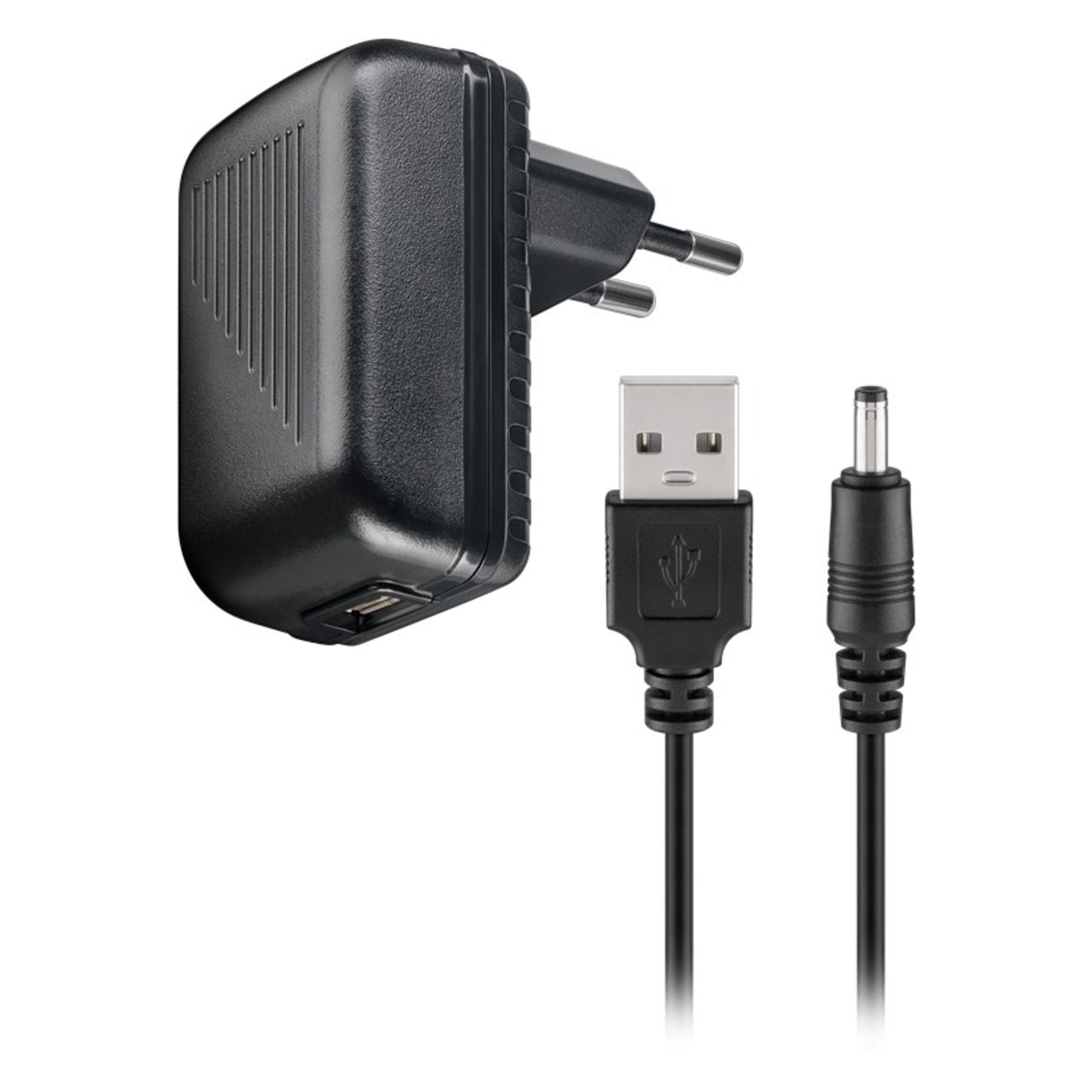 Goobay HDMI-Extractor væglader med sort EU-stik, USB-port og USB-A til tønde kabel.