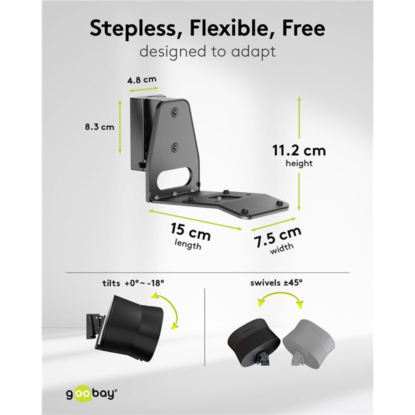 2-pak højttalerbeslag til Sonos Arc 300 sort, tilt 0-18°, ±45° drejning, mål 8,3x4,8x15x7,5x11,2 cm, vægmontering.